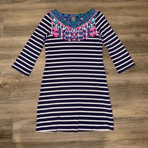 Lilly Pulitzer Striped Dress Pima Cotton Blue Pink Print 3/4 Sleeve Size S